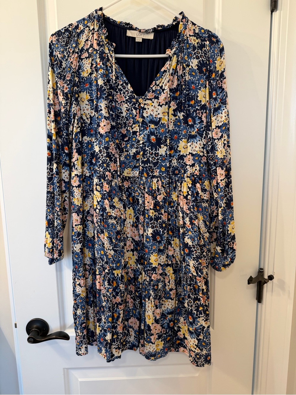 LOFT Navy Floral Long Sleeve V-Neck Dress